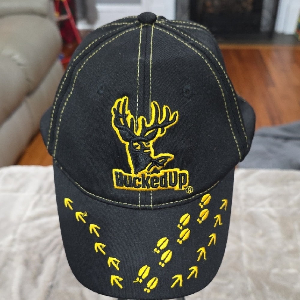 Bucked Up Mens Ball Cap Hat Black W/Gold Embroidery Deer Hunting Hook & Loop GUC